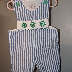 Molly & Pop Blue and White Striped Smocked Romper